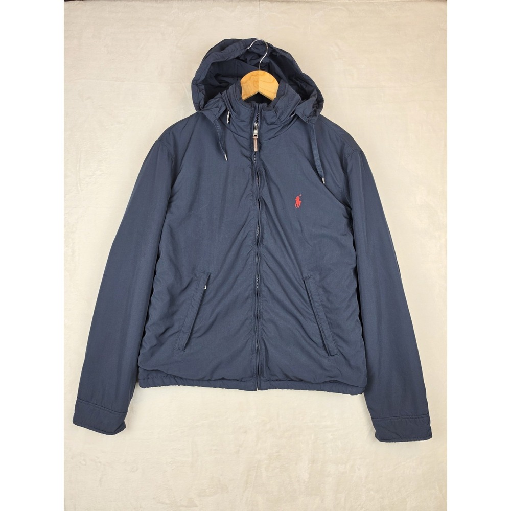 Polo Ralph Lauren Mens Medium Navy Hooded Jacket Full Zip Fleece Windbreaker